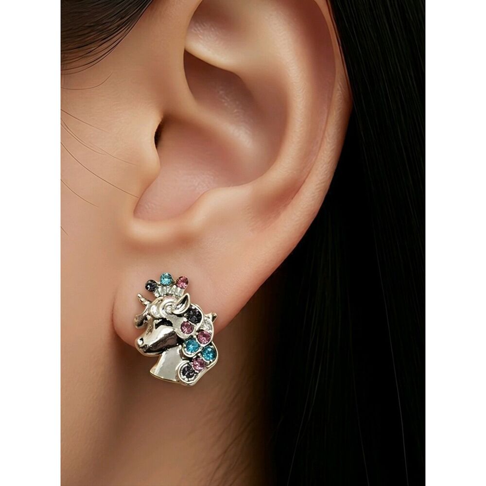 Unicorn Rhinestone Silver Earrings Sparkly Pierced Ears Fantasy Fashion Jewelry